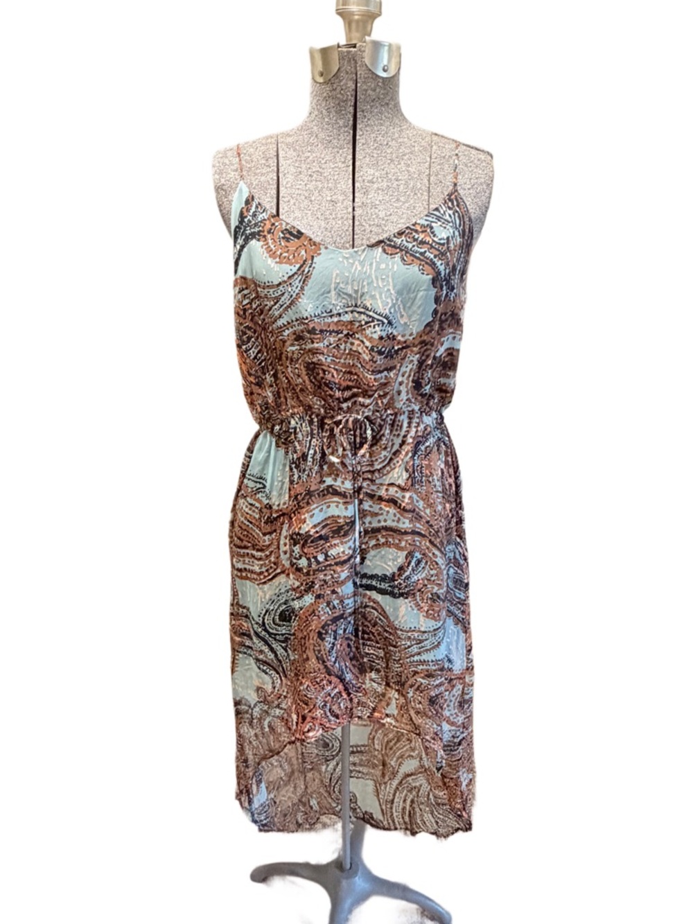 GLAM Light Blue‎ and Brown Paisley Print Spaghetti Strap High-Low Dress